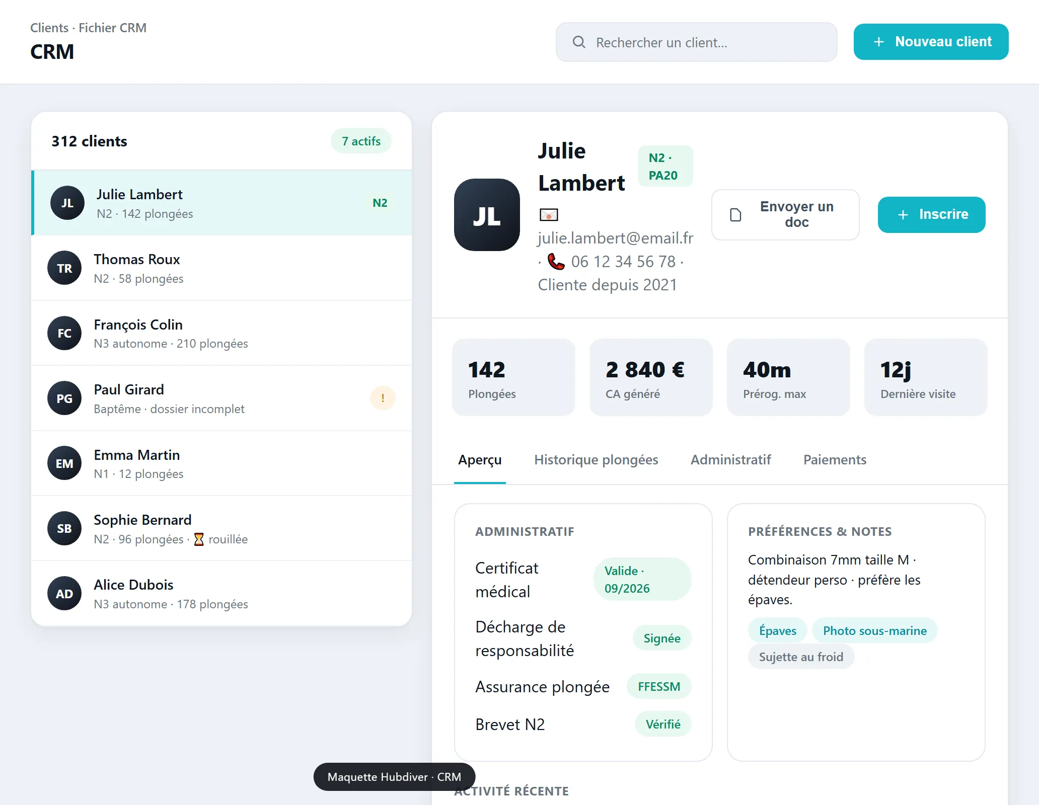 CRM plongeurs de Hubdiver : fiches clients, niveaux, historique des sorties et paiements