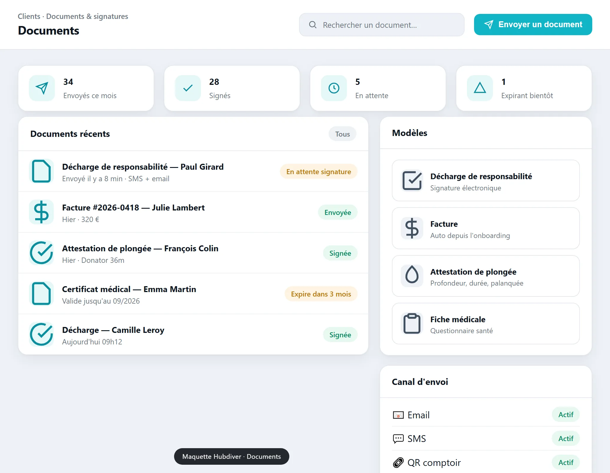 Module documents de Hubdiver : envoi, signature électronique et archivage des pièces client