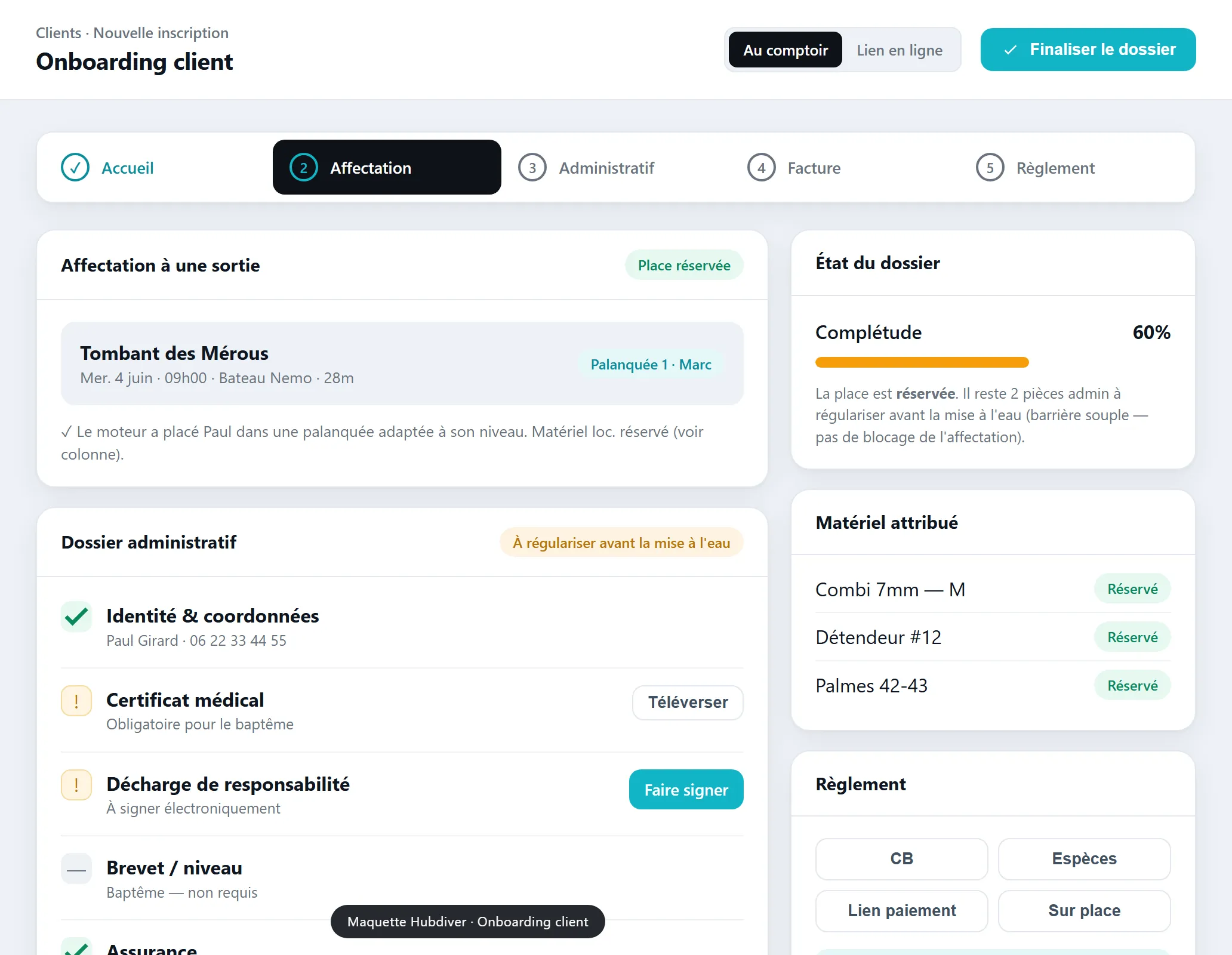 Onboarding client de Hubdiver : inscription, décharge et paiement en ligne du plongeur